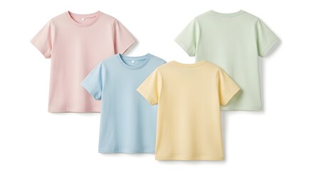 Four plain pastel-colored t-shirts arranged on a white background.