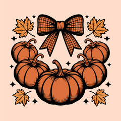 Pumpkin Wreath with Bow and Leaves Vintage Illustration