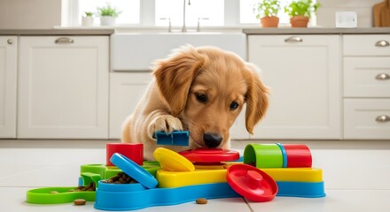 Golden retriever puppy playing with a colorful puzzle toy in a bright kitchen environment indoors