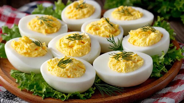 Deliciously prepared deviled eggs garnished with fresh herbs on a wooden platter