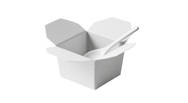 A white takeout container, open, with a plastic spoon inside