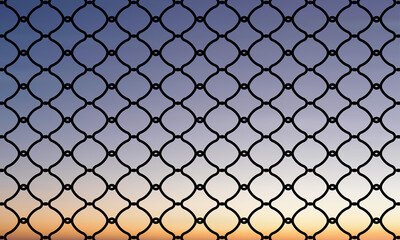 Minimalist chain-link fence with diamond pattern against a serene gradient sky. Soft sunset or...