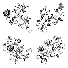 Elegant Floral Rose Swirl Vector Icon Set, Vintage Flower Ornament Clipart for Design