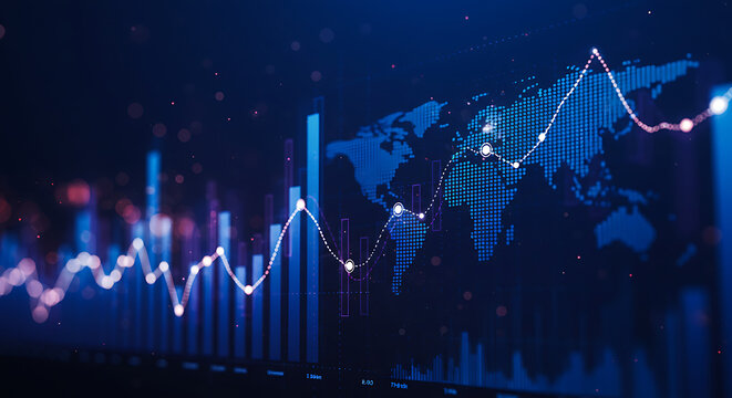 A glowing financial chart with data analytics on a digital world map background.