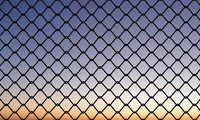 Minimalist chain-link fence with diamond pattern against a serene gradient sky. Soft sunset or...