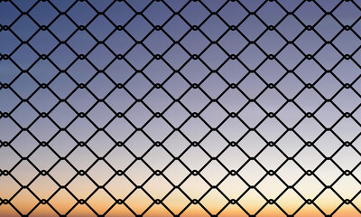 Minimalist chain-link fence with diamond pattern against a serene gradient sky. Soft sunset or...