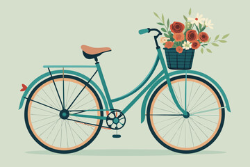 Charming teal bicycle with flower basket for whimsical lifestyle design, perfect for spring and summer themes