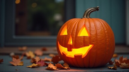 Glowing Orange Jack-o'-lantern on Gray Porch with Fallen Autumn Leaves