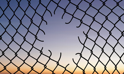 Minimalist chain-link fence with diamond pattern against a serene gradient sky. Soft sunset or...