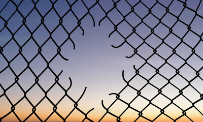 Minimalist chain-link fence with diamond pattern against a serene gradient sky. Soft sunset or...