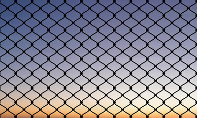 Minimalist chain-link fence with diamond pattern against a serene gradient sky. Soft sunset or...