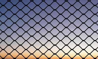 Minimalist chain-link fence with diamond pattern against a serene gradient sky. Soft sunset or...
