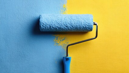 Obraz premium Paint roller on a wall with blue and yellow colors