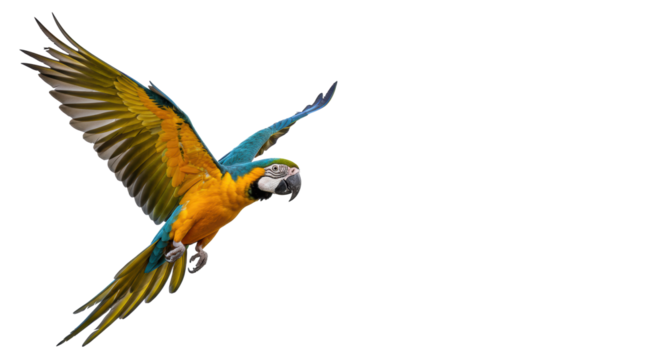 Adult Blue-and-yellow Macaw with vibrant blue and yellow plumage, extended wings, dynamic flight, against transparent studio background, concept of freedom, growth, and innovation