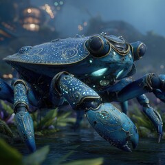 Blue, crab-like creature, futuristic, glowing, ornate