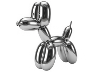 Shiny chrome balloon dog animal sculpture isolated on transparent background