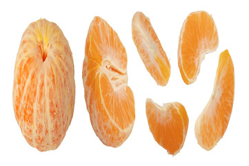 Peeled mandarin and separated segments on white