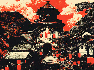 Vintage Illustration of a Victorian House with Striking Orange and Blue Contrast. Retro-styled image depicting a Victorian residence in bold orange and blue hues, creating a dramatic and nostalgic.