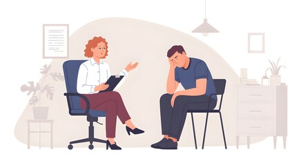Therapy Session: A therapist provides counsel to a male, fostering an empathetic environment. The scene is a comforting session space.