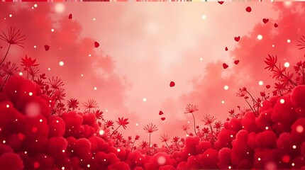 Obraz premium Red Floral Fantasy with Hearts and Lights Falling From Cloudy Sky