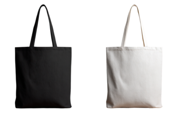 Two blank tote bags, one dark gray and one off-white,  hanging