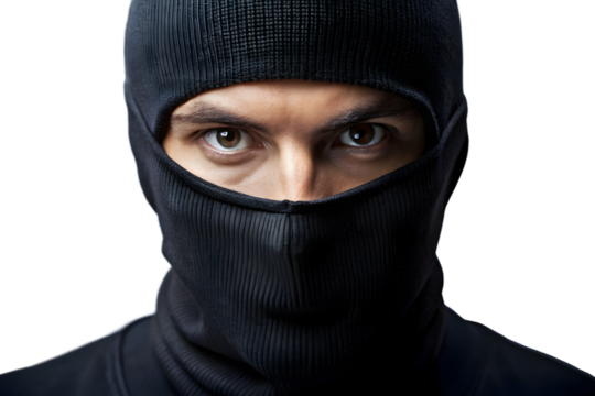 Closeup portrait of a man wearing a black balaclava and hat, looking intensely at the camera, isolated on transparent background