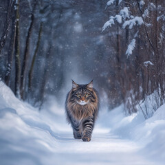 Maine Coon walking through a snowy forest, large paws stepping softly on fresh snow, mystical and wintery, UHD 8K 