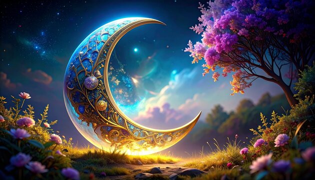 A radiant crescent moon etched in crystal, glowing in a starry night, captured with sharp, HD realism. - Powered by Adobe
