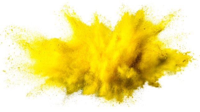 Bright yellow powder explosion with a vibrant cloud effect