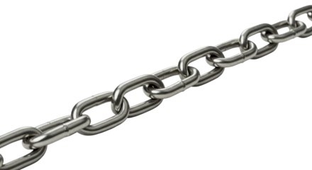 A substantial, sleek, highly polished, interlinking metallic silver chain, brand new and pristine, on a minimalist white studio background with ample negative space, concept of strength and integrity