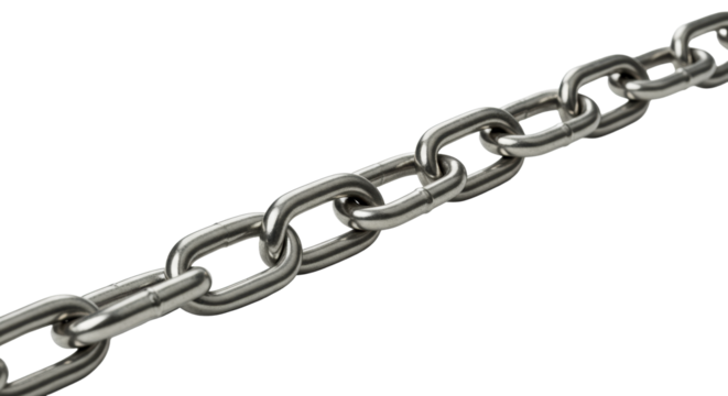 A substantial, sleek, highly polished, interlinking metallic silver chain, brand new and pristine, on a minimalist white studio background with ample negative space, concept of strength and integrity