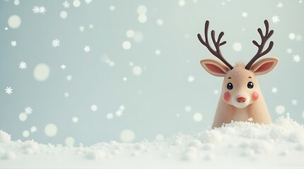 Cute Cartoon Reindeer in Snow with Falling Snowflakes