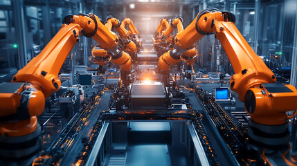 Automated Assembly Line with Industrial Robots in a Modern Factory