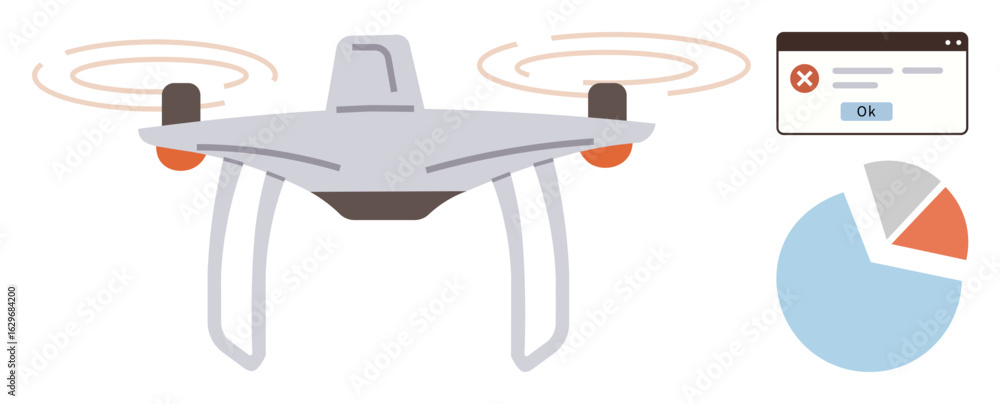 Poster drone hovering with spinning propellers, an error alert window pop-up, and a pie chart. ideal for te