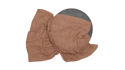 3D Render a brown blanket and a black plate on a white surface