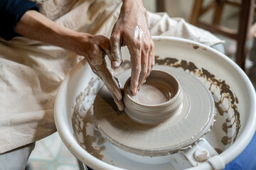 Close up of pottery artist's hands molding a clay bowl on spinning throwing wheel in class or studio