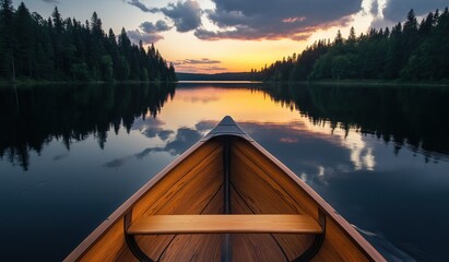 Front view of a wooden canoe on a serene lake at sunset, perfectly mirrored in calm waters amidst towering pine trees