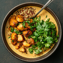 Top-Down View of Plant-Based Curry with Quinoa and Fresh Herbs, Rustic Background for Healthy Food Concept

