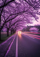 Fototapeta premium A road lined with blossoming cherry trees at twilight.