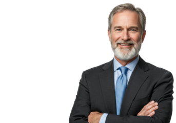 A mature caucasian man with grey beard, dark business suit, light blue shirt, blue tie, arms crossed, smiling confidently on transparent studio background, concept of corporate leadership and trust