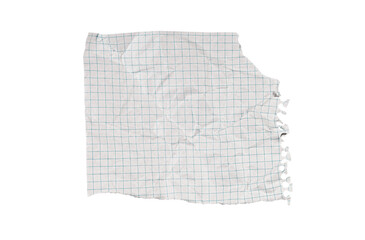 Obraz premium A crumpled torn checkered paper on a white background enhances art projects. Its textured surface inspires unique sketches and creative designs.