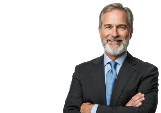 A mature caucasian man with grey beard, dark business suit, light blue shirt, blue tie, arms crossed, smiling confidently on transparent studio background, concept of corporate leadership and trust
