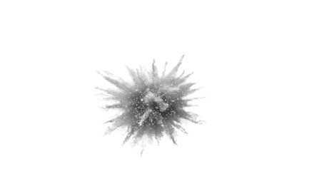 Dynamic explosion of white, silver, gray abstract particles with cool blue tints, actively scattering outwards in mid-air against a transparent background, symbolizing data flow and innovation