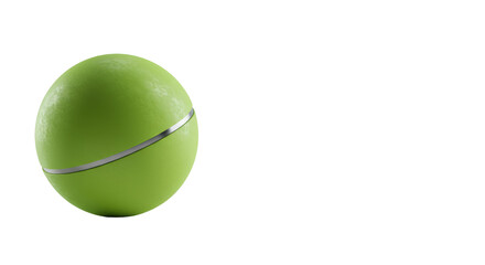 A vibrant lime-green perfectly spherical object, smooth and matte, with a polished metallic band, resting on a light studio surface with soft diffused lighting, concept of breakthrough ideas