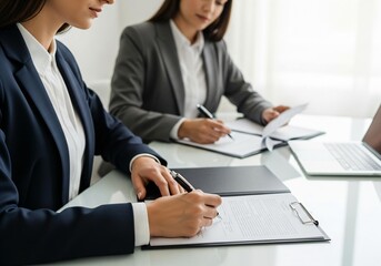Fototapeta premium Businesswomen diligently signing documents in modern office