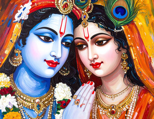 Abstract expressive painting of Radha Krishna highlighting love harmony traditional Hindu symbols and sacred emotional connection in art