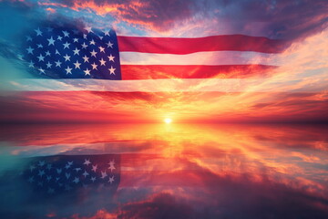 American flag waving over a beautiful sunset reflecting in the calm ocean, creating a patriotic and inspiring scene
