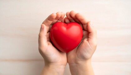 Obraz premium Child's Hands Gently Holding a Vibrant Red Heart, Symbol of Love and Care