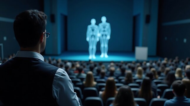 Audience is seated in tiered rows their faces illuminated by glow of futuristic presentation