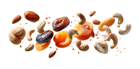 A variety of dried fruits and nuts floating in the air isolated on a transparent background